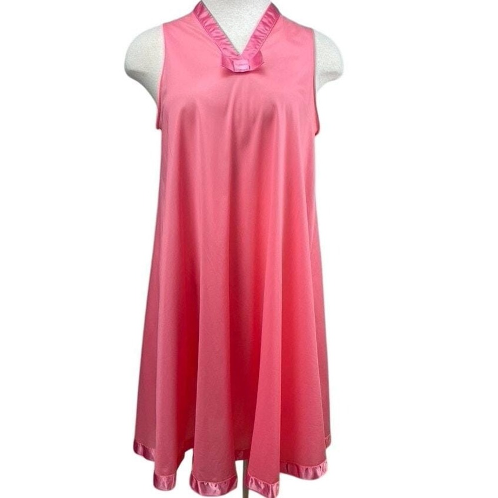 Vintage Pink Womens (M) Nightgown 70s Satin Trim Bow Nightie Coquette Lingerie